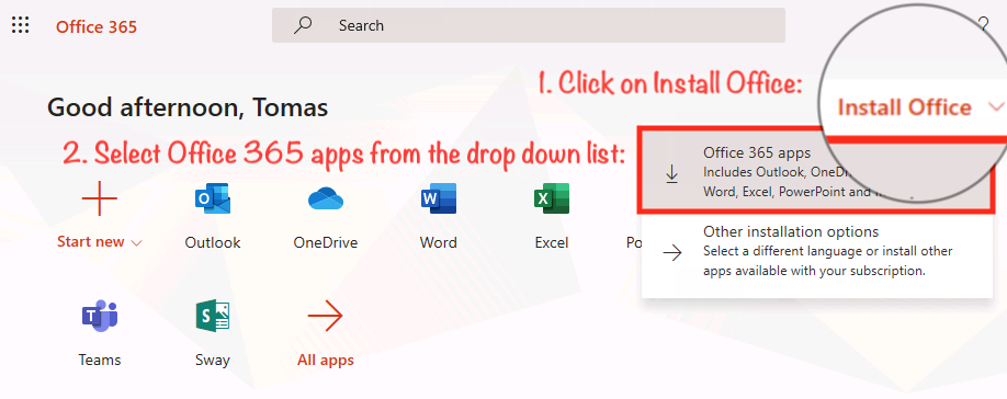 how do i install office 365 apps