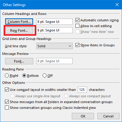 change font size in outlook mail folders