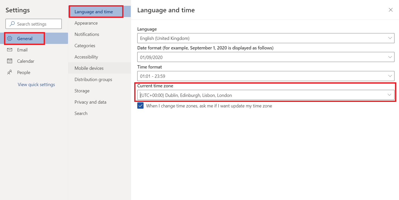 how to change time zone in outlook mac app